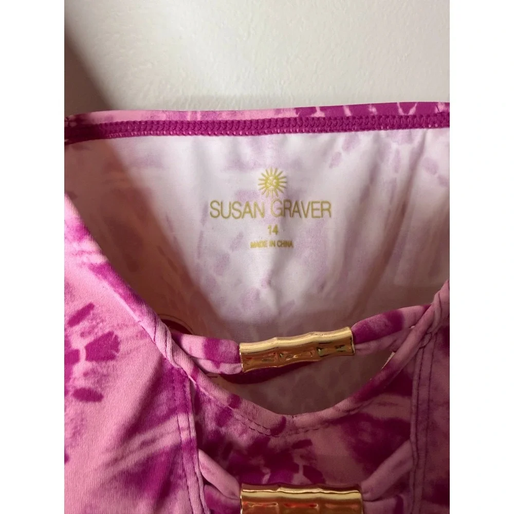 Susan Graver Soleil V-Neck Tankini with Skirt Fuchsia Shibori‎ 14 {#135-R